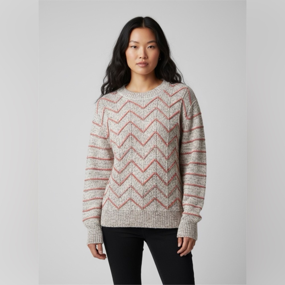 Free People Zigzag Pull Over Knit Sweater Round Neck Cream/Red Sz L